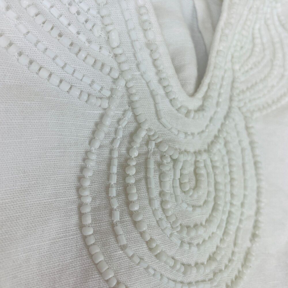 ~ Vineyard Vines XS Blouse Linen Cotton Beaded White Ivory Split Sleeve Hem Flaw - Picture 10 of 16